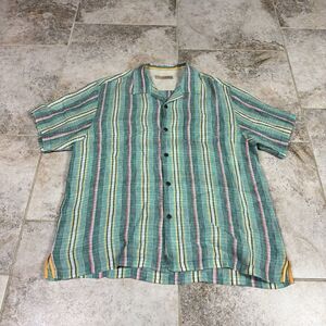Tommy Bahama Linen Shirt Hawaiian Mens XL Green Striped Short Sleeve Beach